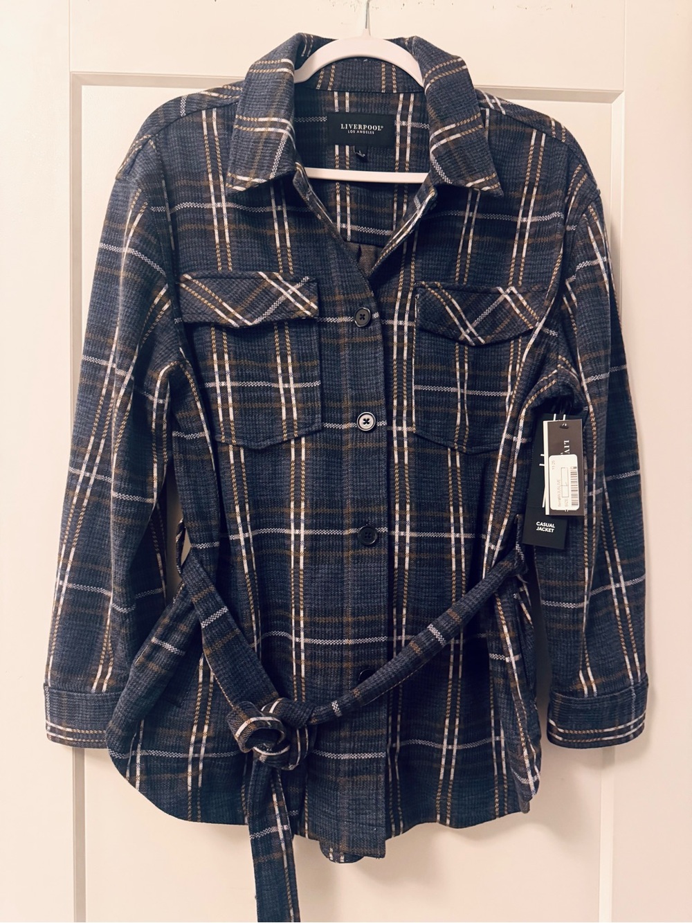 Liverpool Jeans Company Blue Plaid Belted Utility Shacket